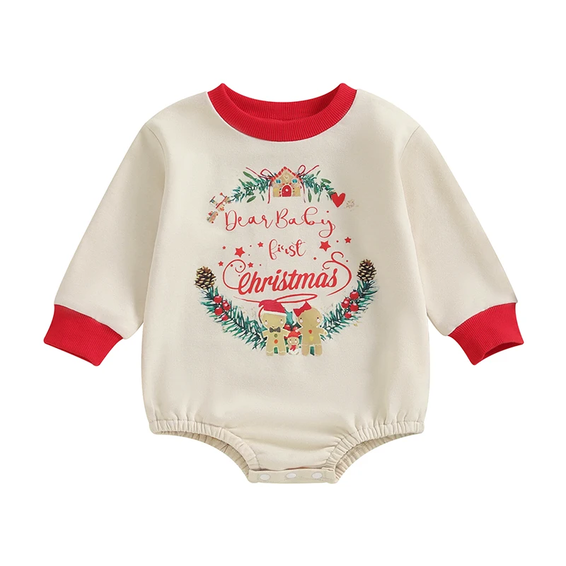 

Baby Christmas Romper Long Sleeve Crew Neck Tree Letter Print Bodysuit Newborn Winter Playsuit