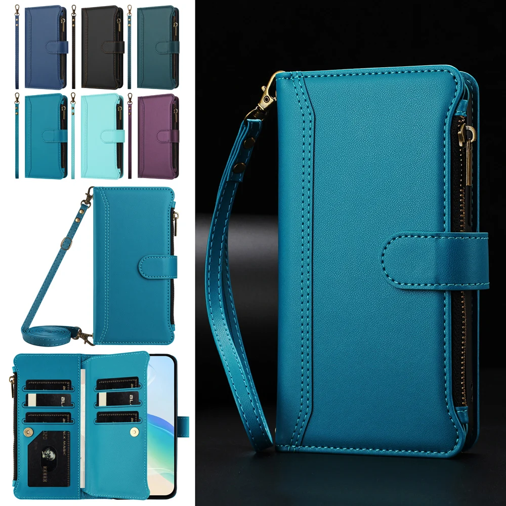 Leather Card Wallet Phone Cover with Wrist Strap and Crossbody Shell