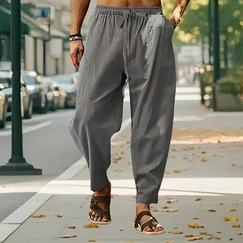 Nuovi pantaloni da uomo in cotone e lino estate e autunno pantaloni a gamba larga a vita alta solidi pantaloni sportivi traspiranti casual in canapa allentata maschile 1