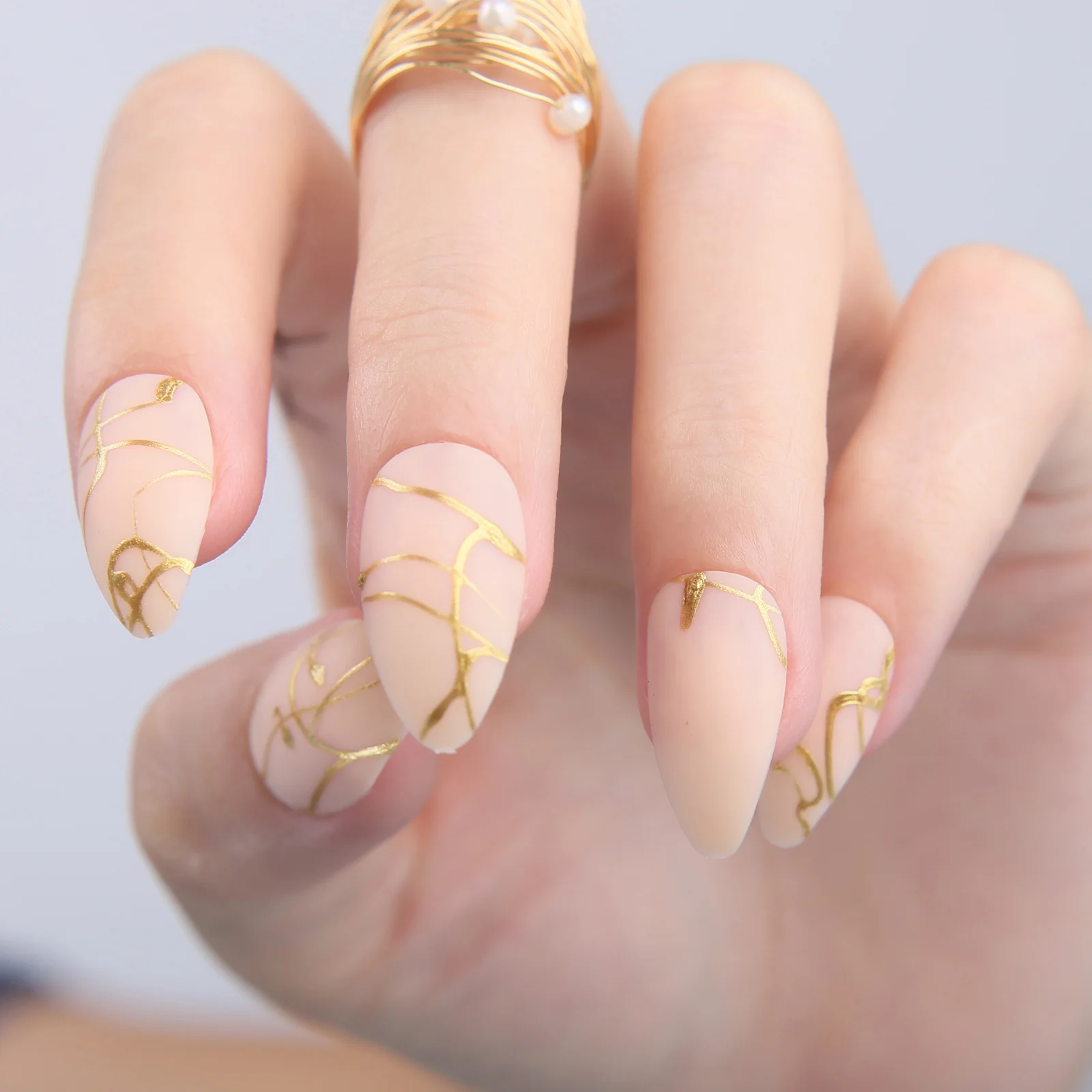 Press nails 24PCS Matte False nails Champagne gold Stiletto Fake