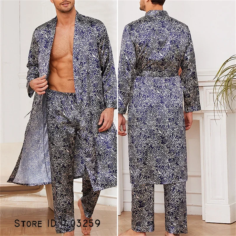 Long Sleeve Men's 2PCS Pajamas Set for Spring Autumn Print Kimono Bathrobe Gown Trouser Suits Casual Satin Homewear Loungewear man pajamas set