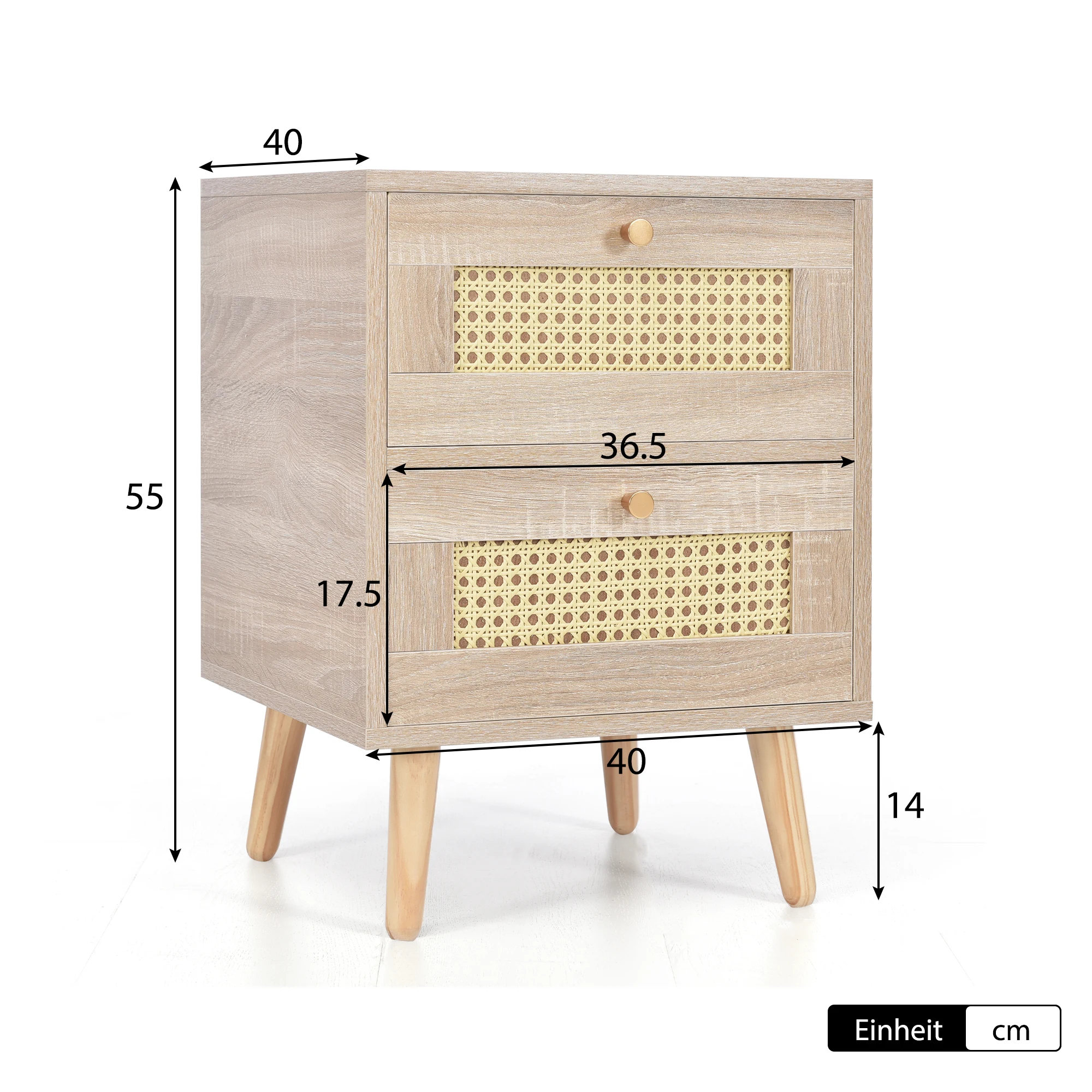 H55/W40/D40cm Natural Oak Rattan Bedside Tables Nightstand Rattan Drawer Sofa Table with 2 drawers Wooden Bedroom Home Furniture