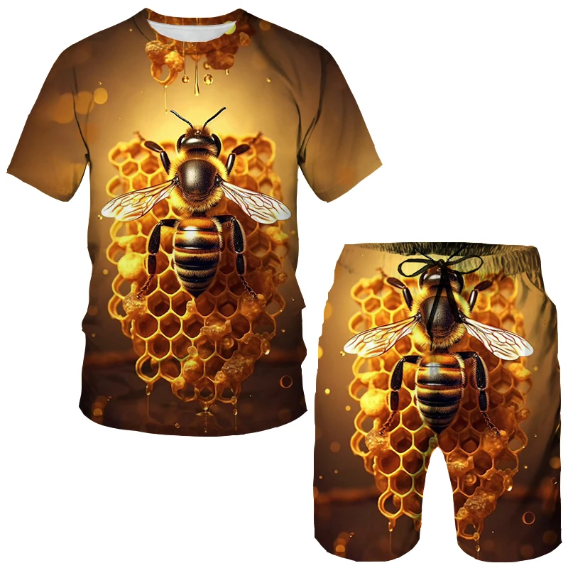동물 꿀벌 3D 프린트 티셔츠 반바지 세트, 남성용 운동복, 오버사이즈 반팔 티셔츠 바지 세트, 남성용 정장 의류, 여름