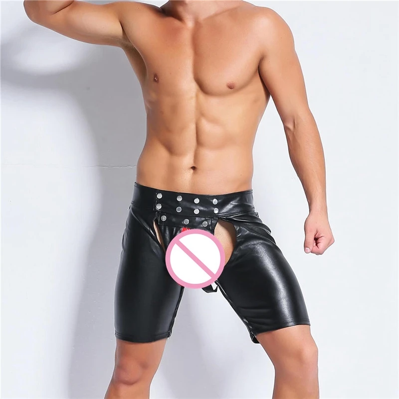 

sexy wetlook Faux Leather lingerie hot exotic Men latex leggings PVC Bondage Open Cortch Shorts gay fetish trousers costume Pant