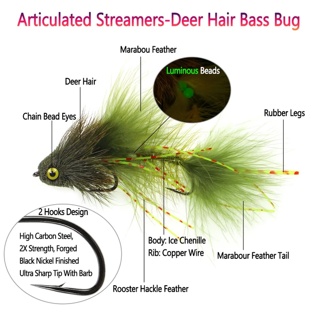 Bimoo 1PC Articulated Streamer Fly Deer Hair Bass Bug Fish Spine Fly For  Big Game Fish