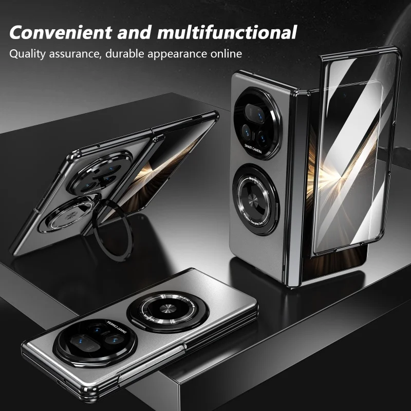 Matte Hard Protective Flip Case with Kickstand and 360° Rotating Magnetic Ring Holder, Includes Tempered Glass
