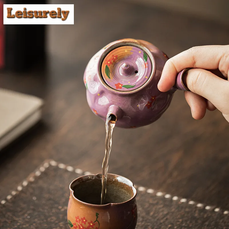 130ml Lilac Purple Hand-painted Small Flower Side Handle Teapot Tea Infuser Pot Tea Making Kettle With Strainer Tea Services