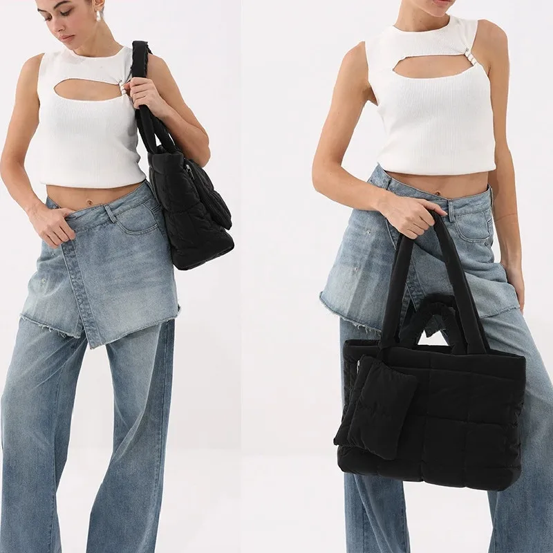Fashion Ladies Tote Handbags Large Capacity Cotton Padded Top-handle Bags Rhombus Purses Handbags Quilted Solid for Office Work