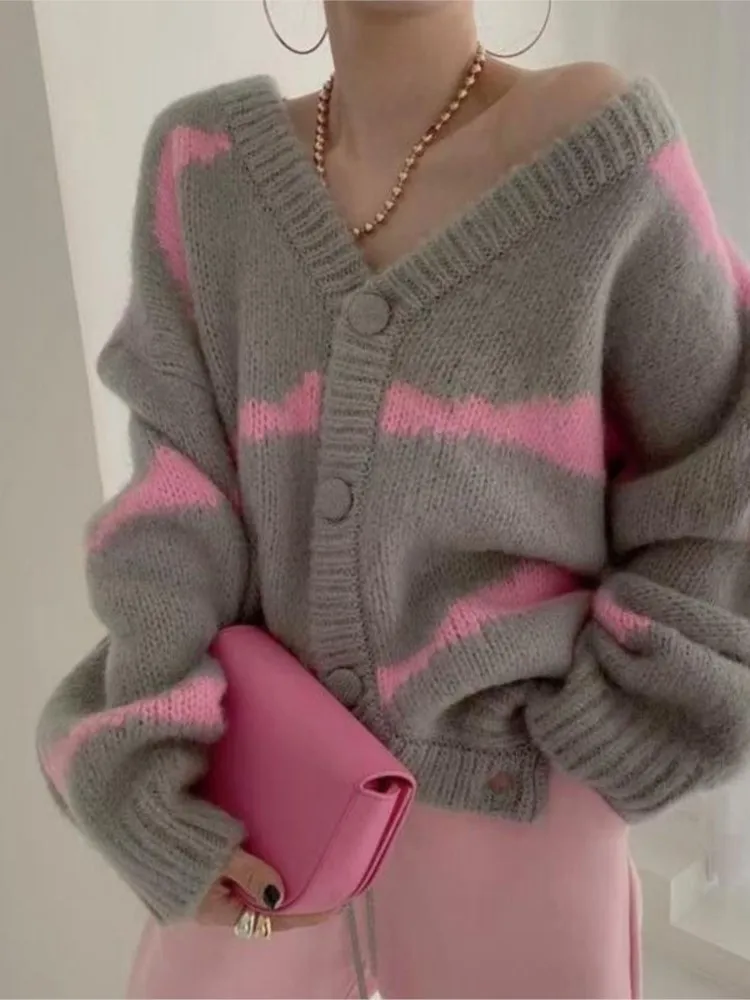 

Женский свободный трикотажный кардиган в полоску, трикотажный кардиган с V-образным вырезом и длинным рукавом, одежда в Корейском стиле, 2023