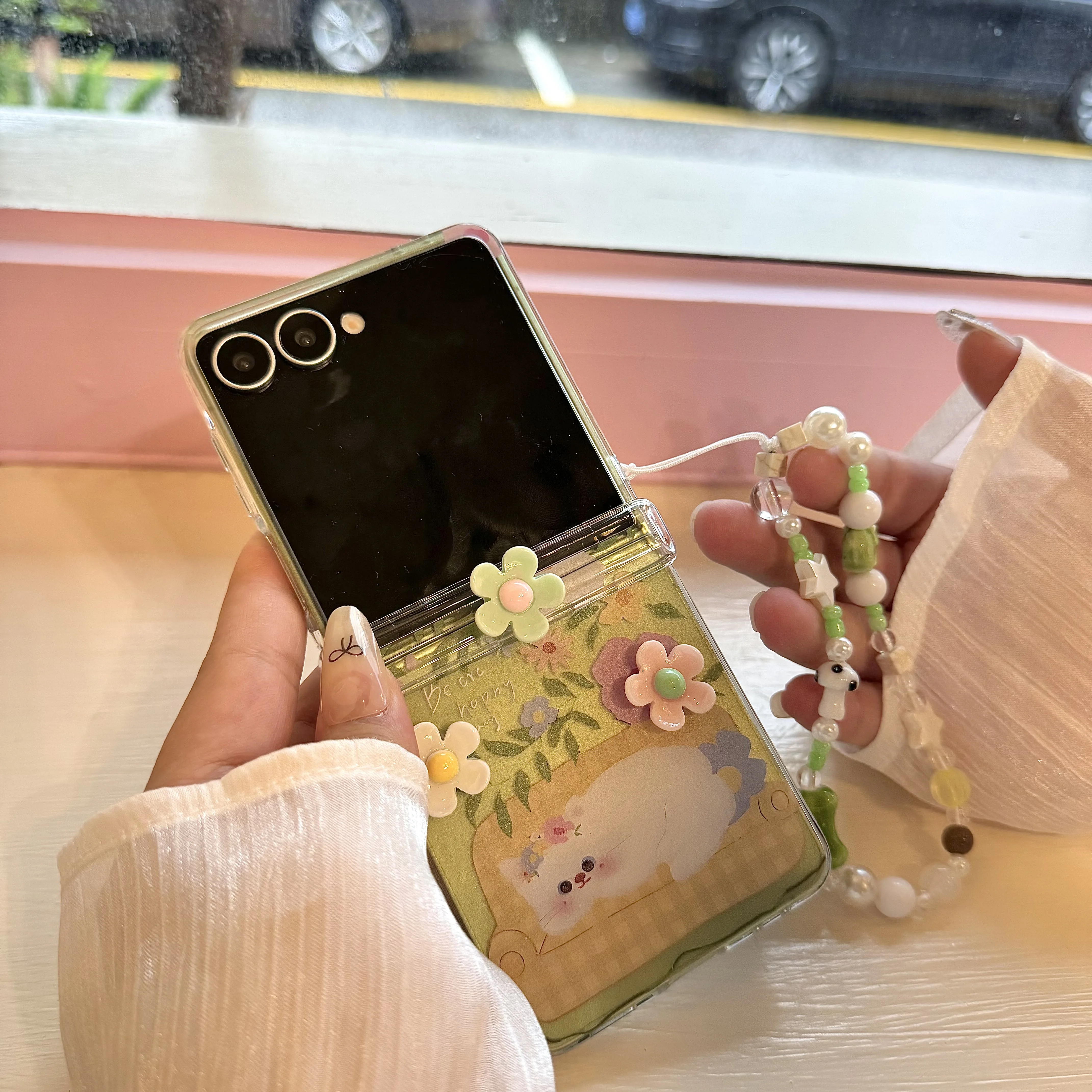 Hinge Protective Phone Case with 3D Flower & Cute Cat Star Wrist Strap