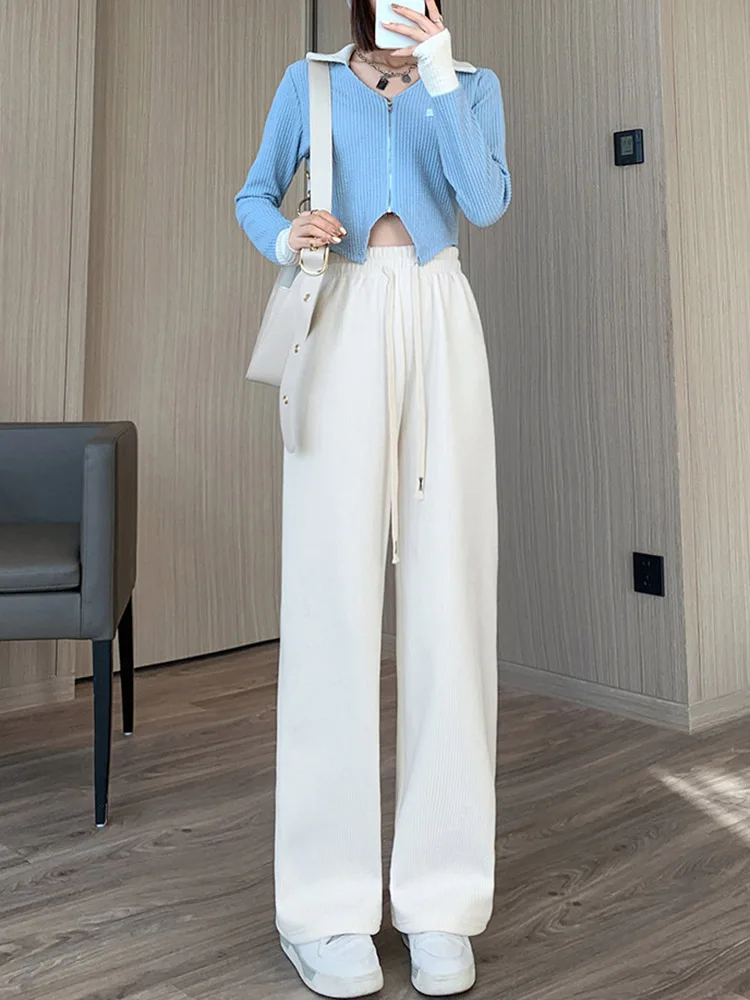 Autumn Corduroy Women Wide Leg Pants Casual Women Basic Style Elastic Waist Stright Long Pants Female Loose Thick Pants Trousers