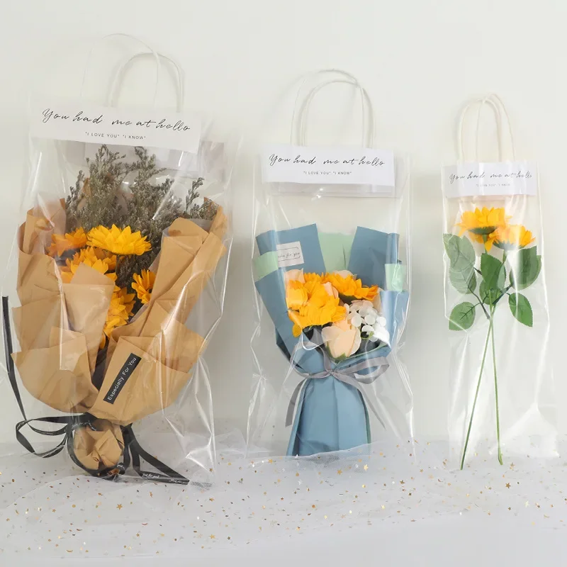 Transparent PVC Flower Bouquet Bag Flower Packing Box Handles Reusable Wrapping Bags For Birthday Wedding Valentines