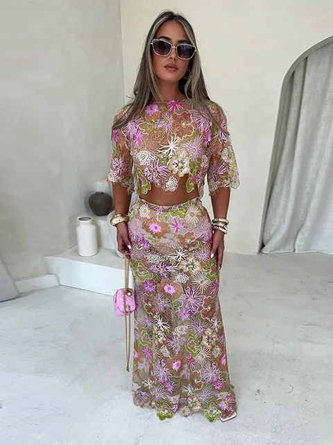 Alison Sparkly Sequin Lace Sheer Long Skirt Set 3