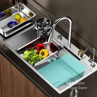 Luxury Silvery 304 Stainless Steel Waterfall Kitchen Sink High Quality Large Single Slot Multifuctional Sink Waterfall Faucet 1