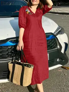 ZANZEA Women V Neck A-line Vestidos Solid Holiday Casual 2024 Summer Dresses Commute Half Sleeve Floral Embroidery Midi Dress 1