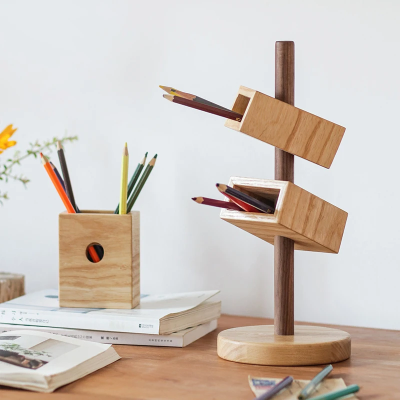 Solid Wood Slanted Pen Holder Multi-Layer Desk Organizer Retro Office Stationery rack Stylish Desktop Decoration for Workspaces