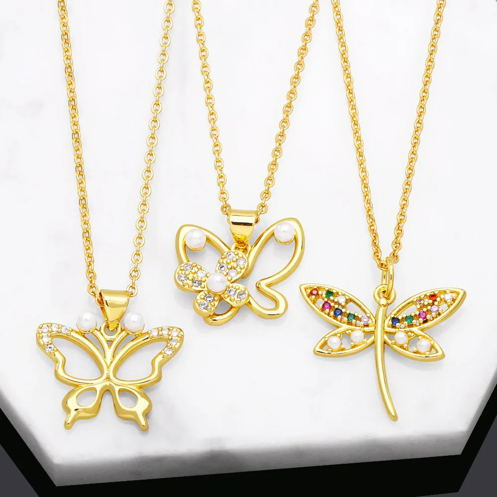 

New Gold Copper Ornaments Fashion Simple Diamond-encrusted Pearl Necklace Ins Wind Dragonfly Clavicle Chain Ladies