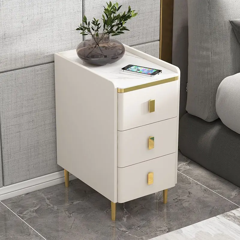 

Gold Drawers Wooden Nightstands White Luxury Narrow Modern Side Bedside Table Living Room Design Meuble Chambre Home Decor
