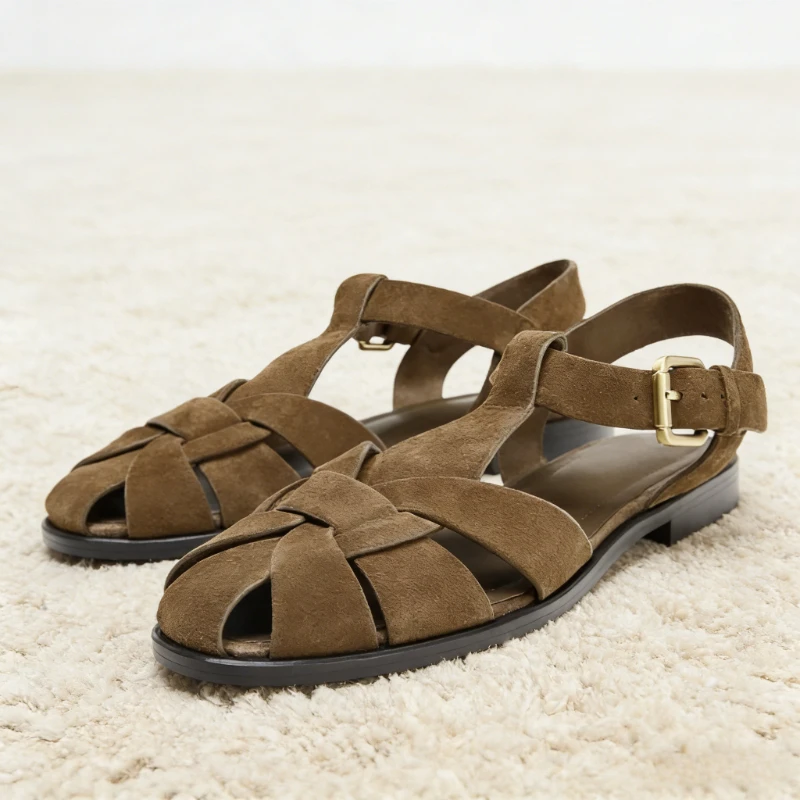 Sandales de créateur en daim tressé avec boucle métallique rétro, style gladiateur ajouré, pour femme, chaussures de plage plates été 2026, Zapatos De Mujer