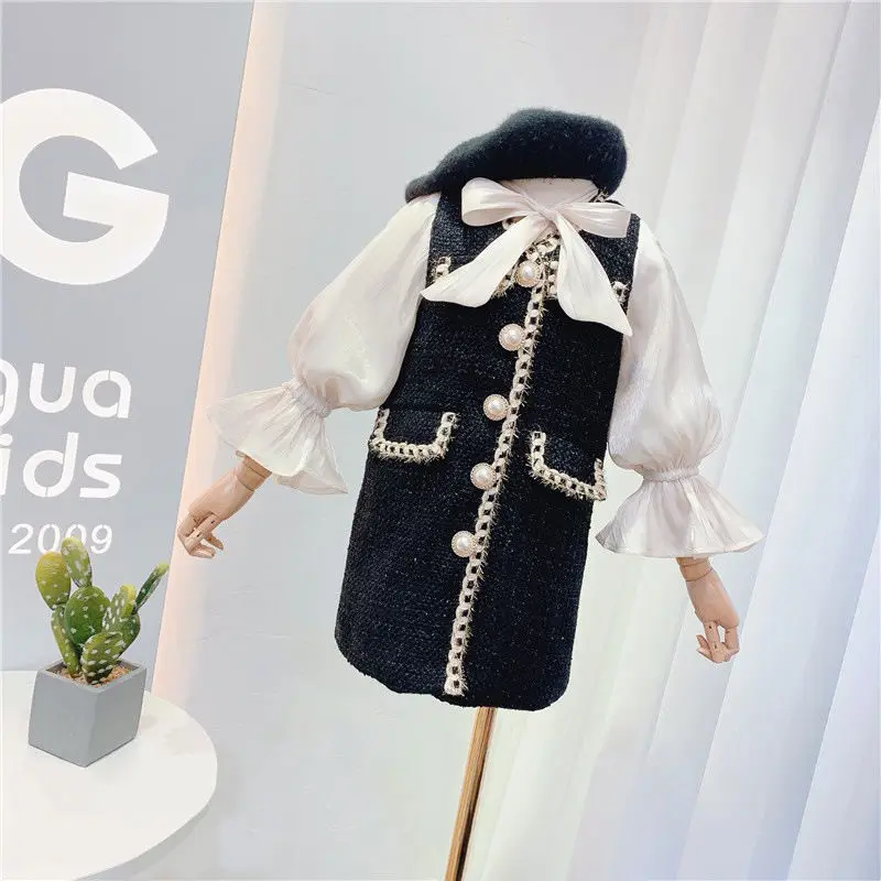 2023 Primavera Ragazze Moda Falso Due Pezzi Abito A Maniche Lunghe Con Cravatta