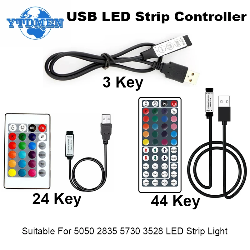 Tira de luces LED RGB con Control remoto inalámbrico, controlador USB de 5V, 3 24 44 teclas