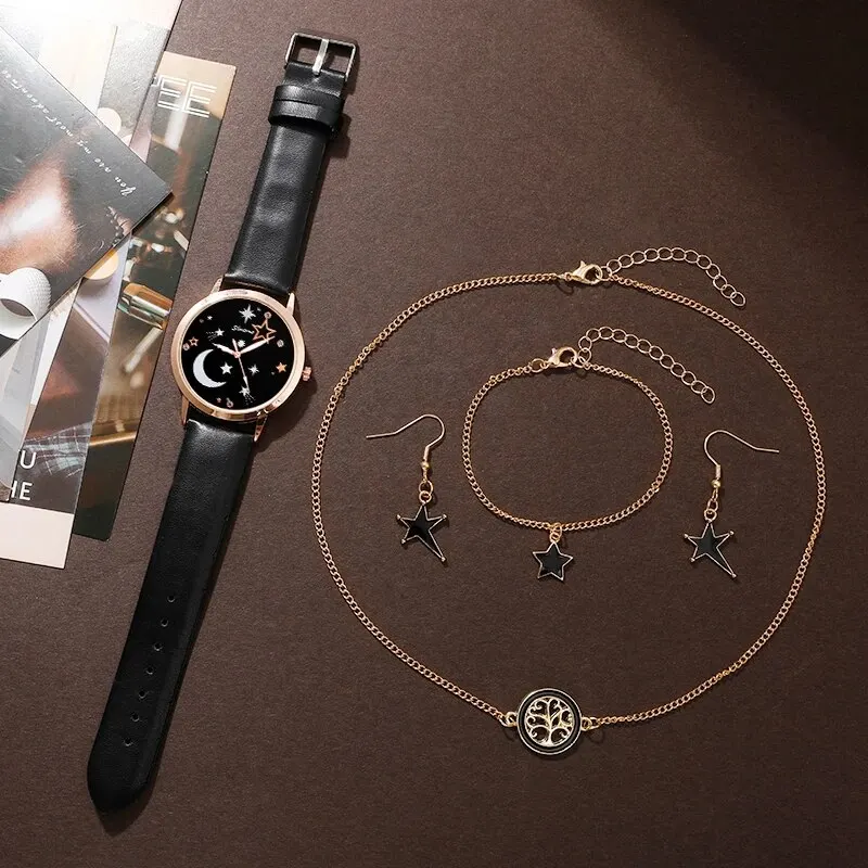 Women Watches Fashion Star Moon Round Dial Design Casual Simple Wrist Luxury Bracelet Clock Gifts