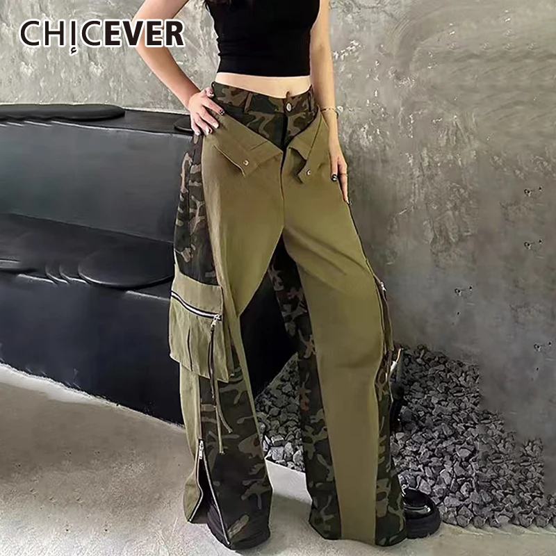 

Женские камуфляжные брюки CHICEVER с высокой талией, прямые Свободные Лоскутные Брюки в уличном стиле, Женская весенняя одежда