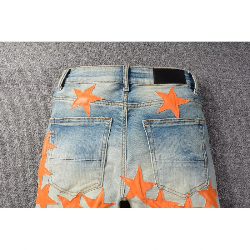Best Sellers Men\'s Distressed Streetwear Light Blue Denim Pants Yellow Stars Patchwork Moustache Holes Ripped Jeans Pants