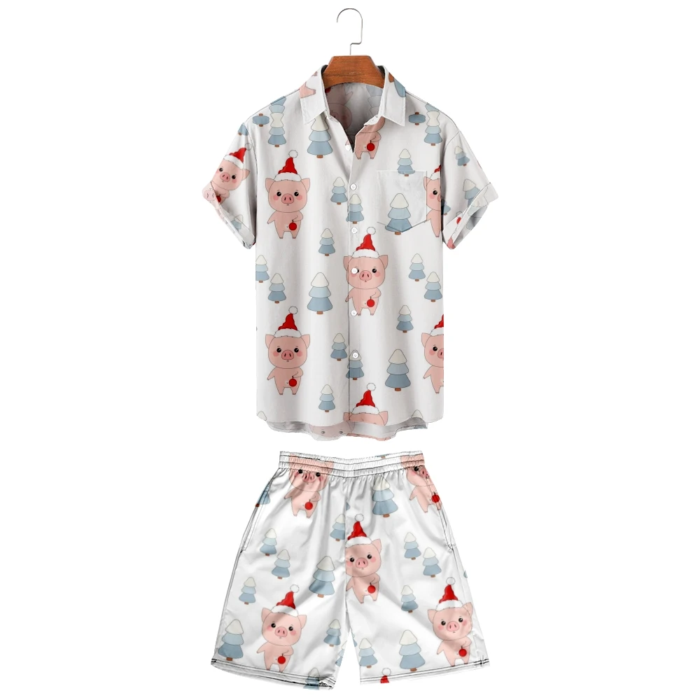 

Новинка 2022, Мужская Повседневная дышащая рубашка с лацканами и пляжные шорты, можно заказать на заказ, легкая и тонкая Рождественская свинья