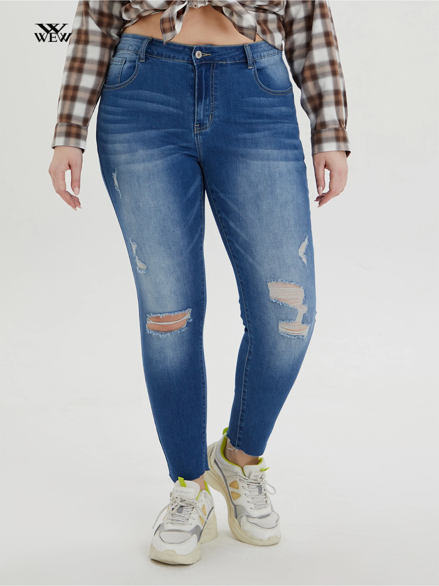 

Plus Size Skinny Women's Jeans Spring Autumn High Stretchy Pencil Jeans for Women Ripped Light Bule Jeans 100kgs Distress Pants