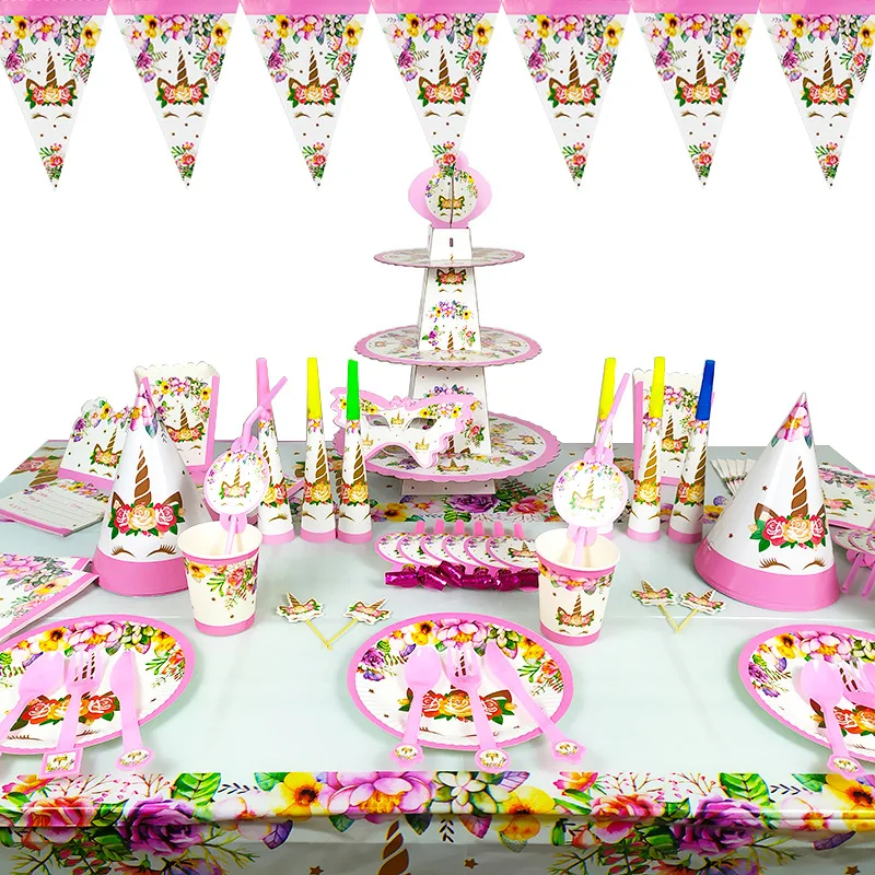 Unicorn Birthday Party Supplies Unicorn Theme Paper Cups Plates Cake Toppers Girl Birthday Party Decoration Supplies