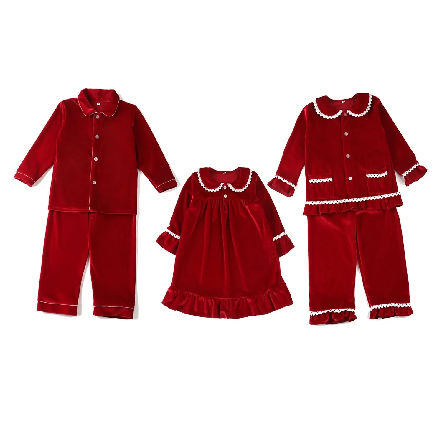 thumbnail image 4 of Venta caliente Conjunto de pijamas a juego para la familia Pijamas navideños para madres e hijos Pijamas con volantes de terciopelo rojo para bebés Pijamas para niños y niñas Conjuntos para hermanos, 4 of 5
