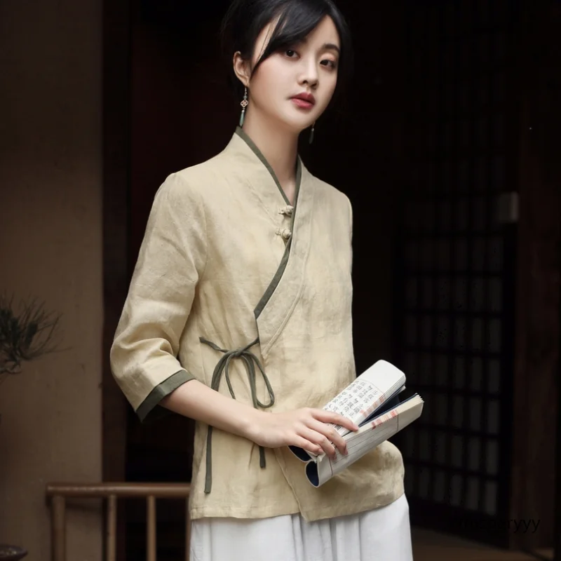Summer New Chinese Style Shirt Retro Tang Suit Hanfu Cheongsam Tops Zen Tea Artist Chinese Traditional Clothing Female Elegance