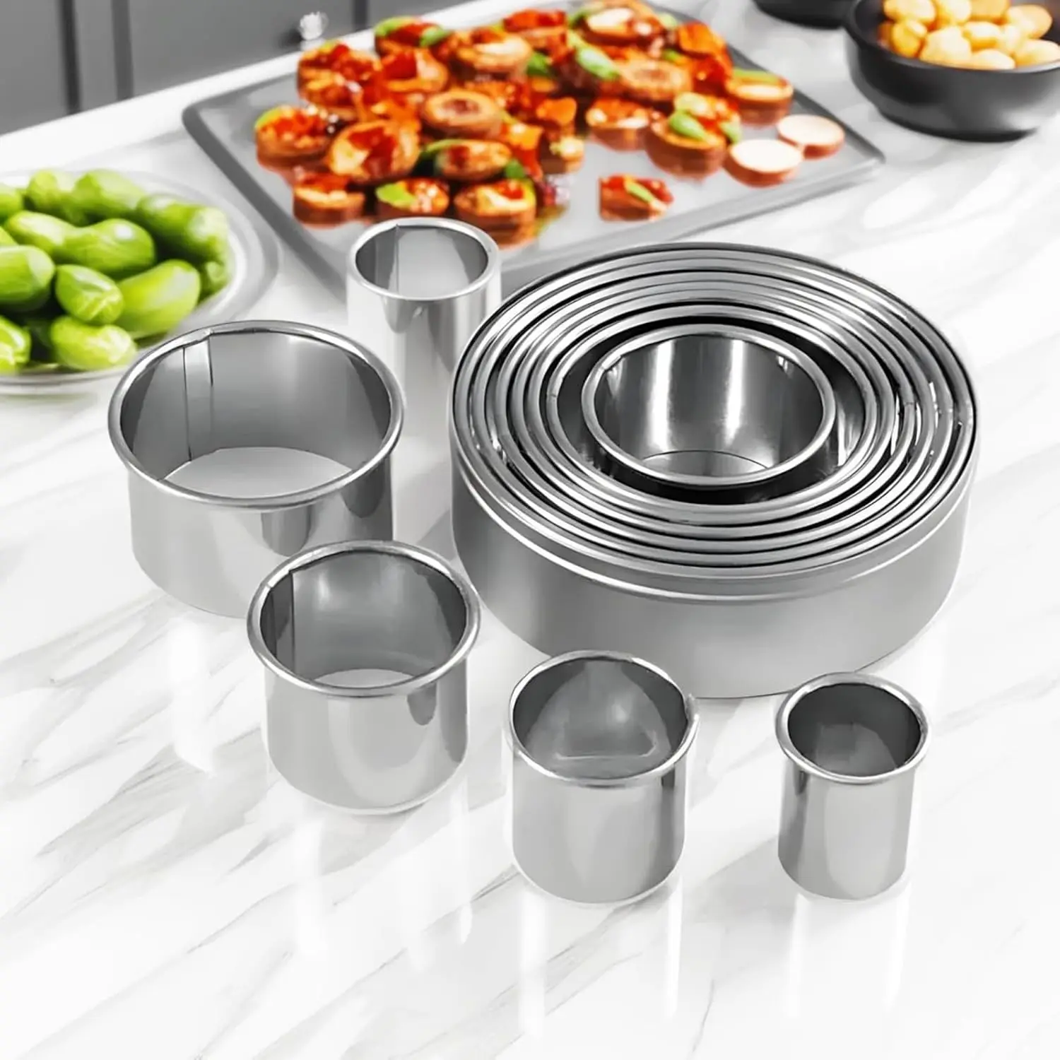 Conjunto de Cortadores de Biscoito 11/12 Peças com Borda Laminada Redonda em Aço Inoxidável de Grau Alimentício, Molde de Anel para Mousse, Bolo, Donut e Fondant