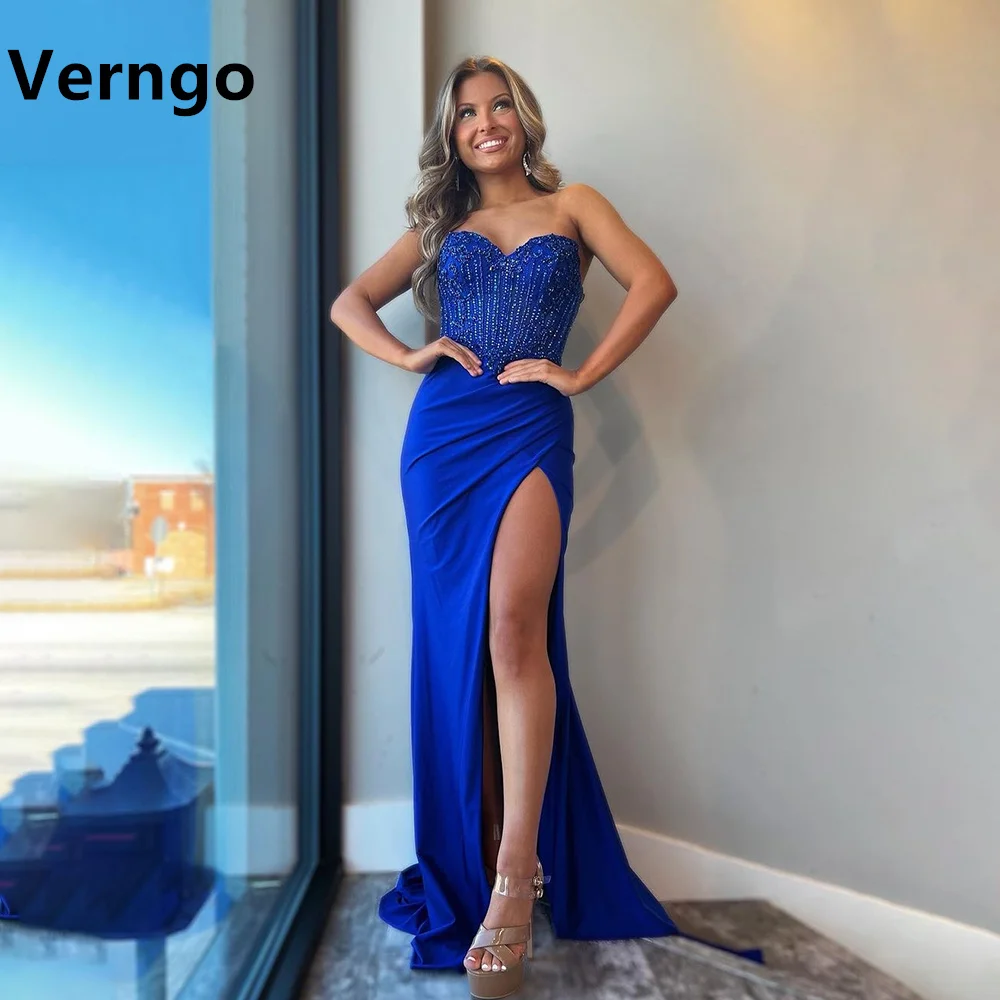 

Verngo Blue Sequined Party Dress Women Sexy Side Slit Evening Dress Sweetheart Sleeveless Prom Gowns Long Mermaid Formal Dress