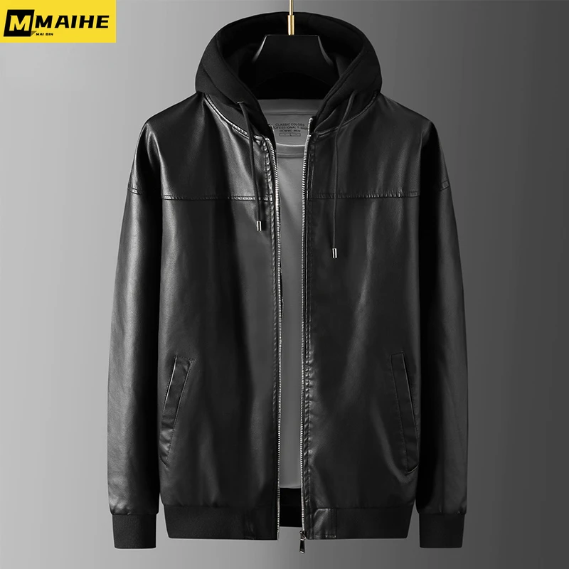

2024 Spring New Leather Jacket Men's Brand Fashion Loose Hooded PU Coat South Korean Street Black Short Motorcycle Jacket Men's