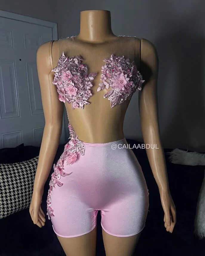 Cocktail Dresses African Bodysuit 3D Floral Sheer Mesh Black Girl Mini Evening Party Birthday Gown customsized outift Pink
