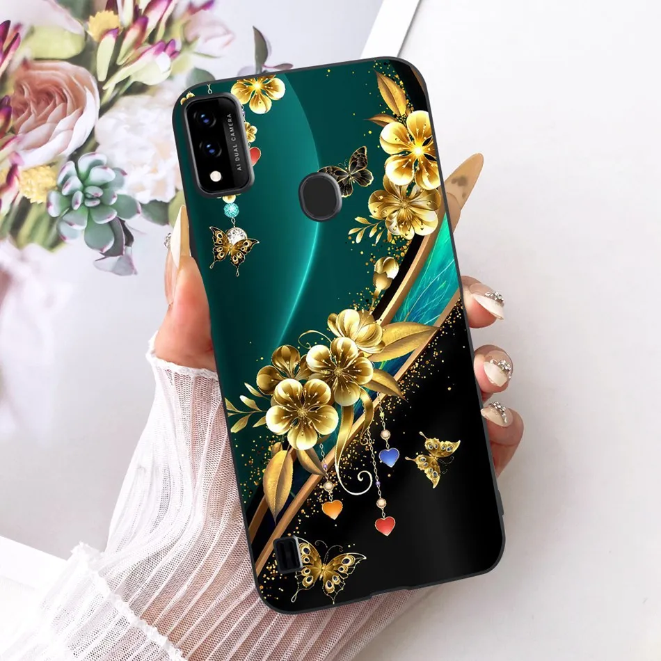 Charming Floral Butterfly Cat Black Silicone Phone Case