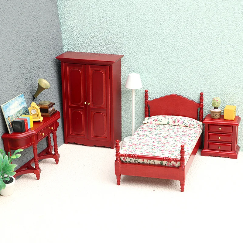 

Simulation Furniture Model Mini Wood Bed With Drawer Bedroom Set Miniature Scene Decoration 1:12 Dollhouse Accessories