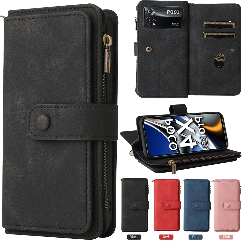 

Мульти 15-слот для карт для Xiaomi Poco C65 C55 C51 Zipp кожаный чехол-бумажник для Poco X4 X5 M4 M6 M3 Pro X 4 NFC M5S F4 GT Etui