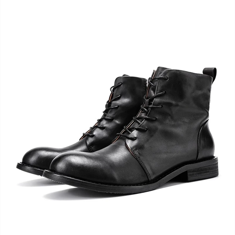 

British Design Vintage Men Ankle Boots Genuine Leather High-top Trendy Motorcycle Shoes Outdoor Combat Boots Botines Hombre 2A