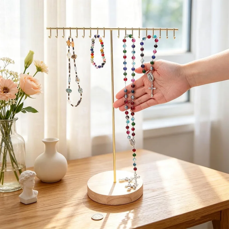 Jewelry Stand Holder Organizer Metal Jewelry Display Hanger with Wooden Base Tall Necklace Organizer Rack Aesthetic Storage