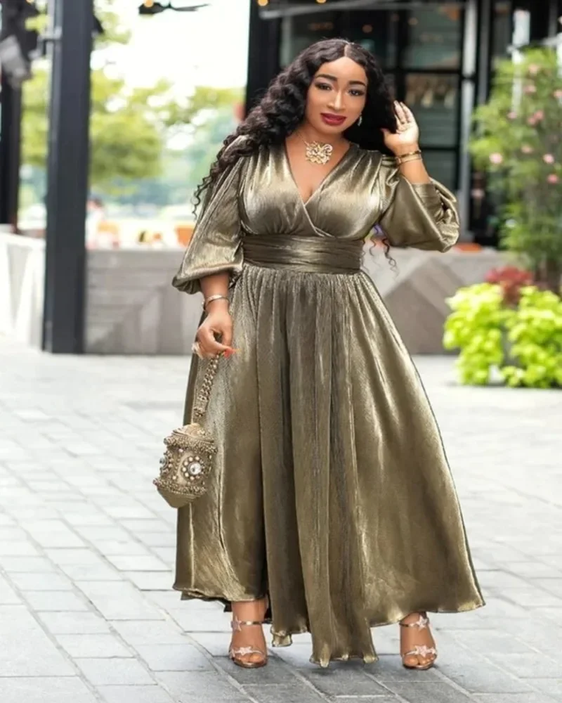 

2024 Spring Summer Hot Stamping Dress Women Deep V Neck Long Sleeve Solid Color Sexy Fashion Night Club Maxi Long Dresses