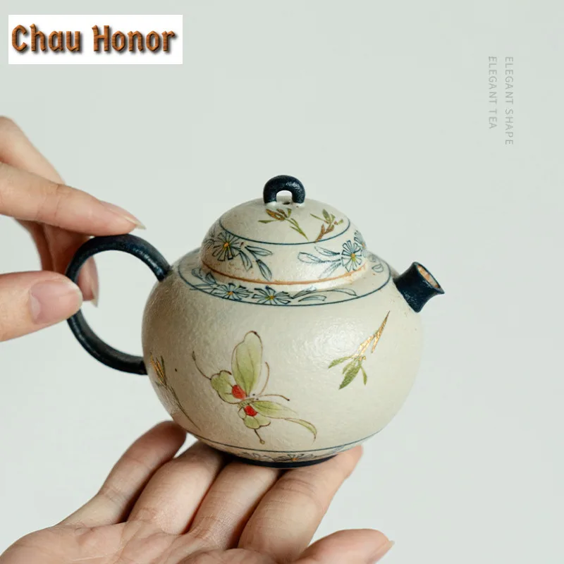 135ml Teapot Blue And White Flint Red Handmade Gold Drawing Butterfly Orchid Pot Tea Making Kettle Chinese Tea Set Collection