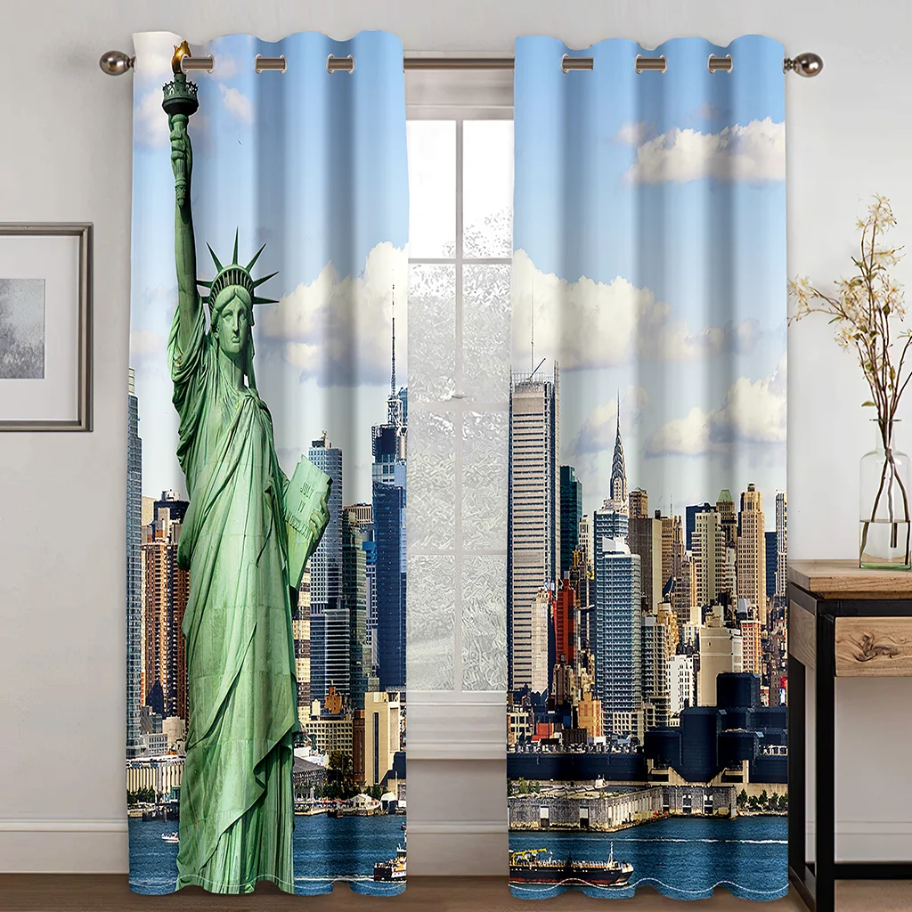 

New York City Print Window Curtains NYC Midtown Skyline in Evening Skyscrapers Photo Living Room Bedroom Window Drapes