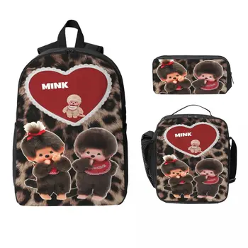 3Pcs Kawaii Monchhichis School bags Set for Girls Boys Pen Bags Backpack Sets with Lunch Box For School Students Daypack 1