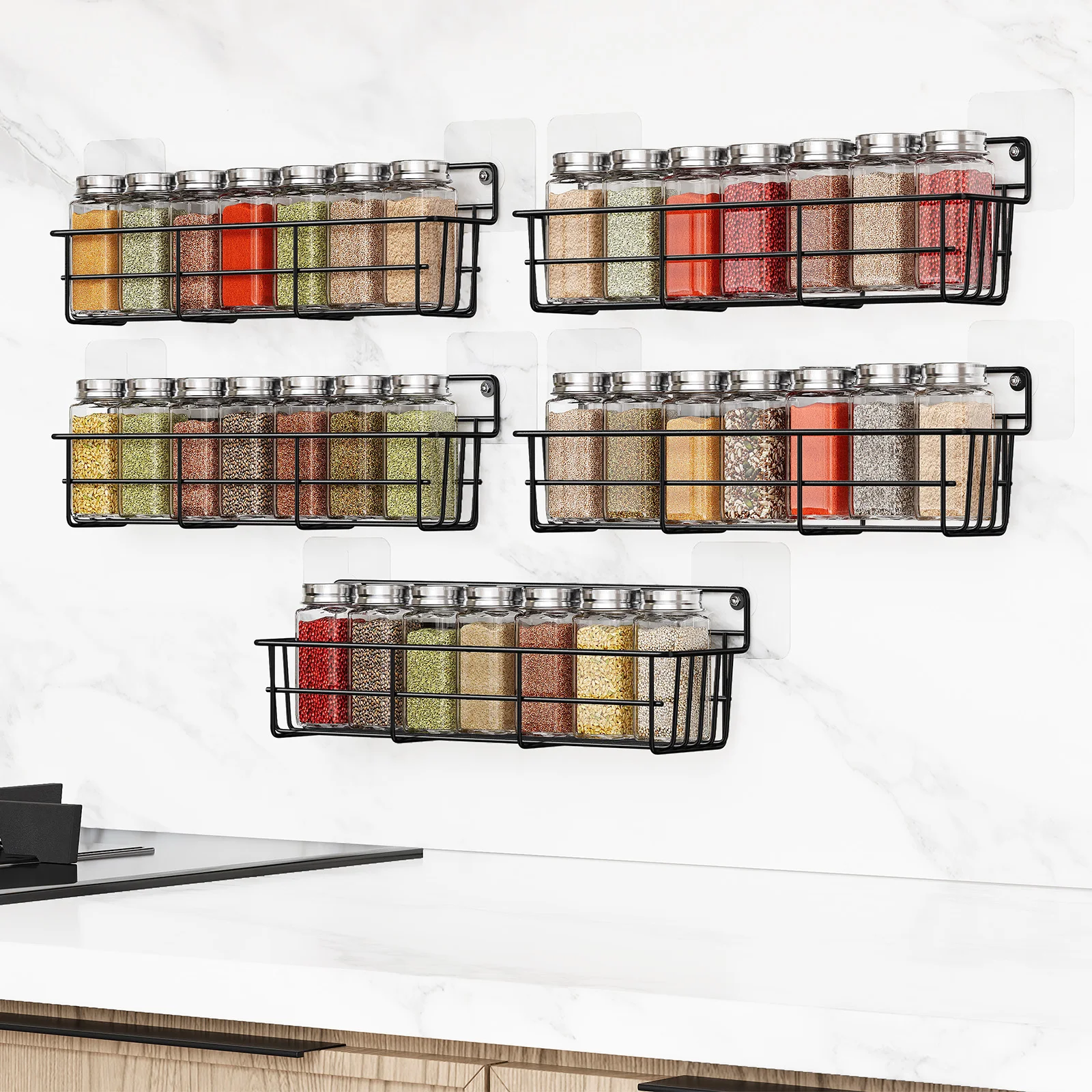 Kitchen Storage Rack Spice Rack Kitchen Organizer Spice Storage Shelf Cabinet Organizer Shelves Kitchen Organizer Rack 5PCS Adhesive Spices Storage Rack Black Iron Cabinet Organizer Wall Mounted Kitchen Shelves Household Multi-function Accessories