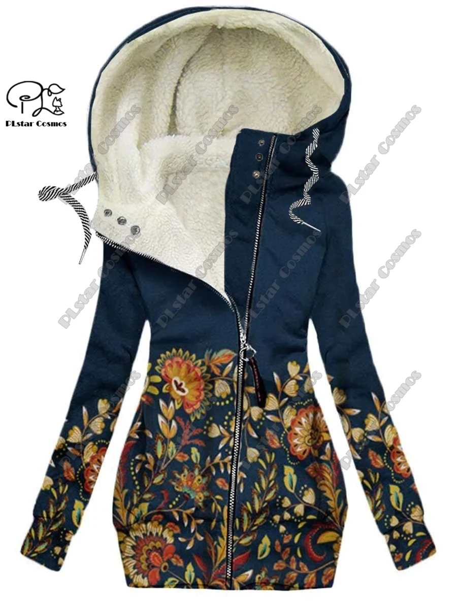 New 3D printed flower series flower skull pattern velvet warm women's long zipper hoodie jacket commuting casual winter H-4