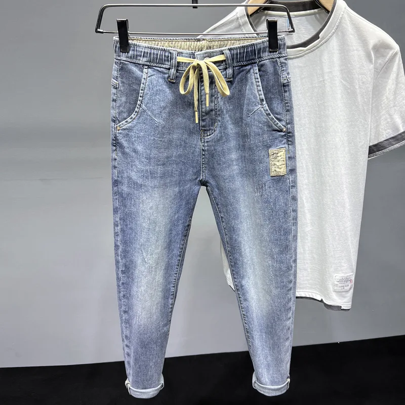 

2024high-end blue jeans men's summer elastic soft elastic waist loose harem tapered casual trousers