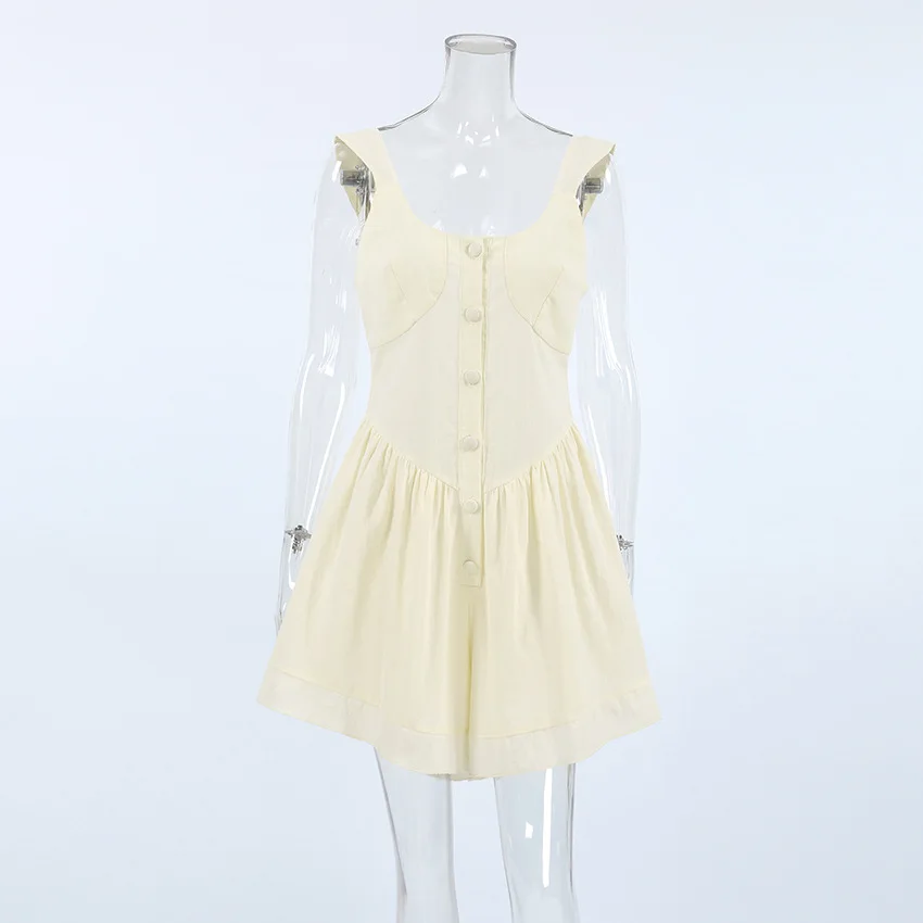 YAMIKO Khaki Cotton Linen Women Rompers With Shorts Button Tank Sleeveless Jumpsuits Office Ladies One Pieces Vacation 2024